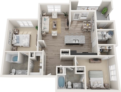 Floor plan for 2 beds, 2 baths, 1223 sqft